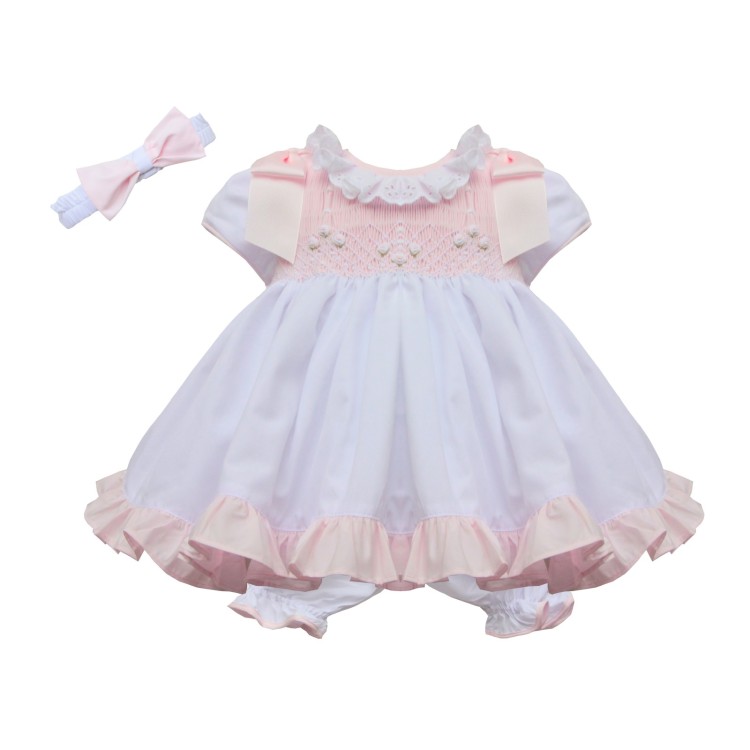 SS22 Pretty Originals Pink and White Smocked dress and Bloomers. 2223P